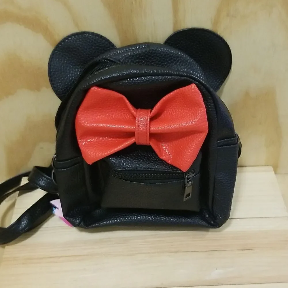 Mini Backpack Black Purse with Mouse Ears and Red Bow Vegan Leather